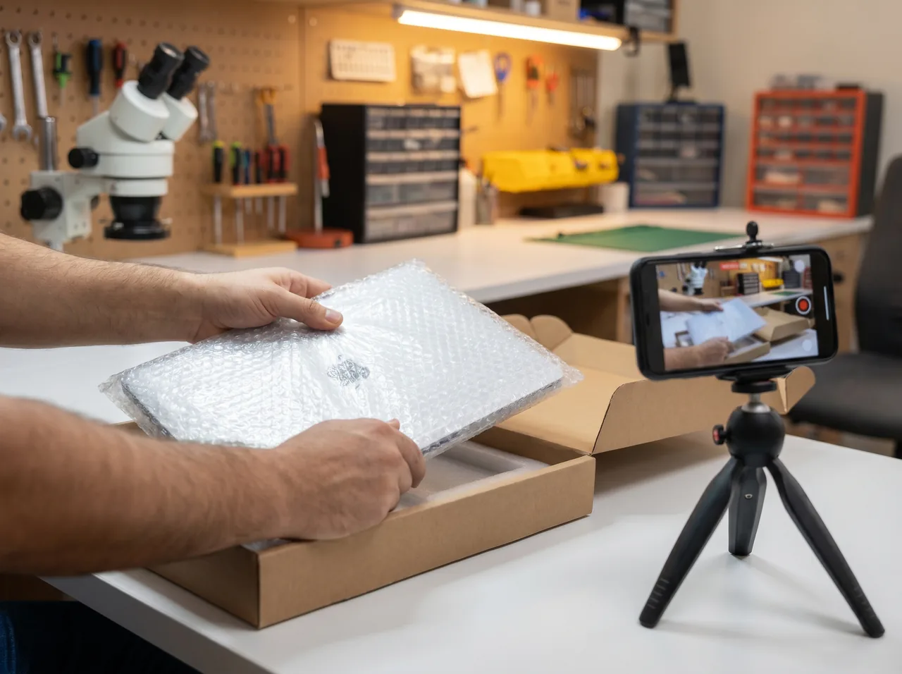 Technician opening the courier carton and recording the unboxing for proof of receipt