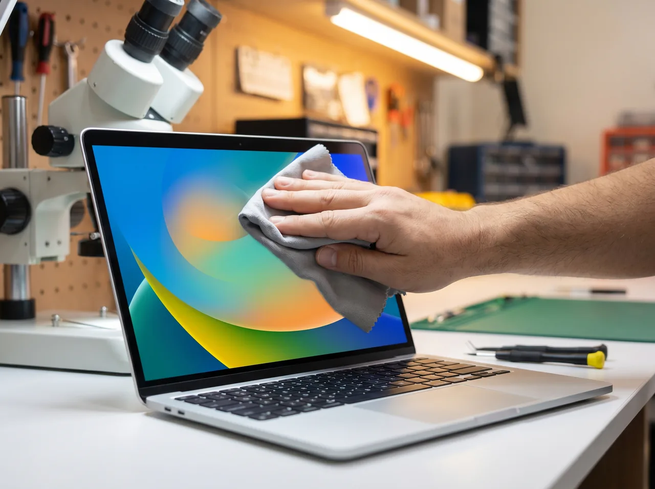 Technician running a final quality-control check on a repaired silver MacBook