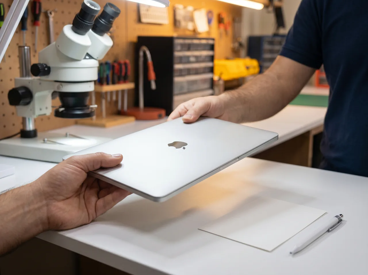 Repaired MacBook handed back with a signed 15-day written warranty card